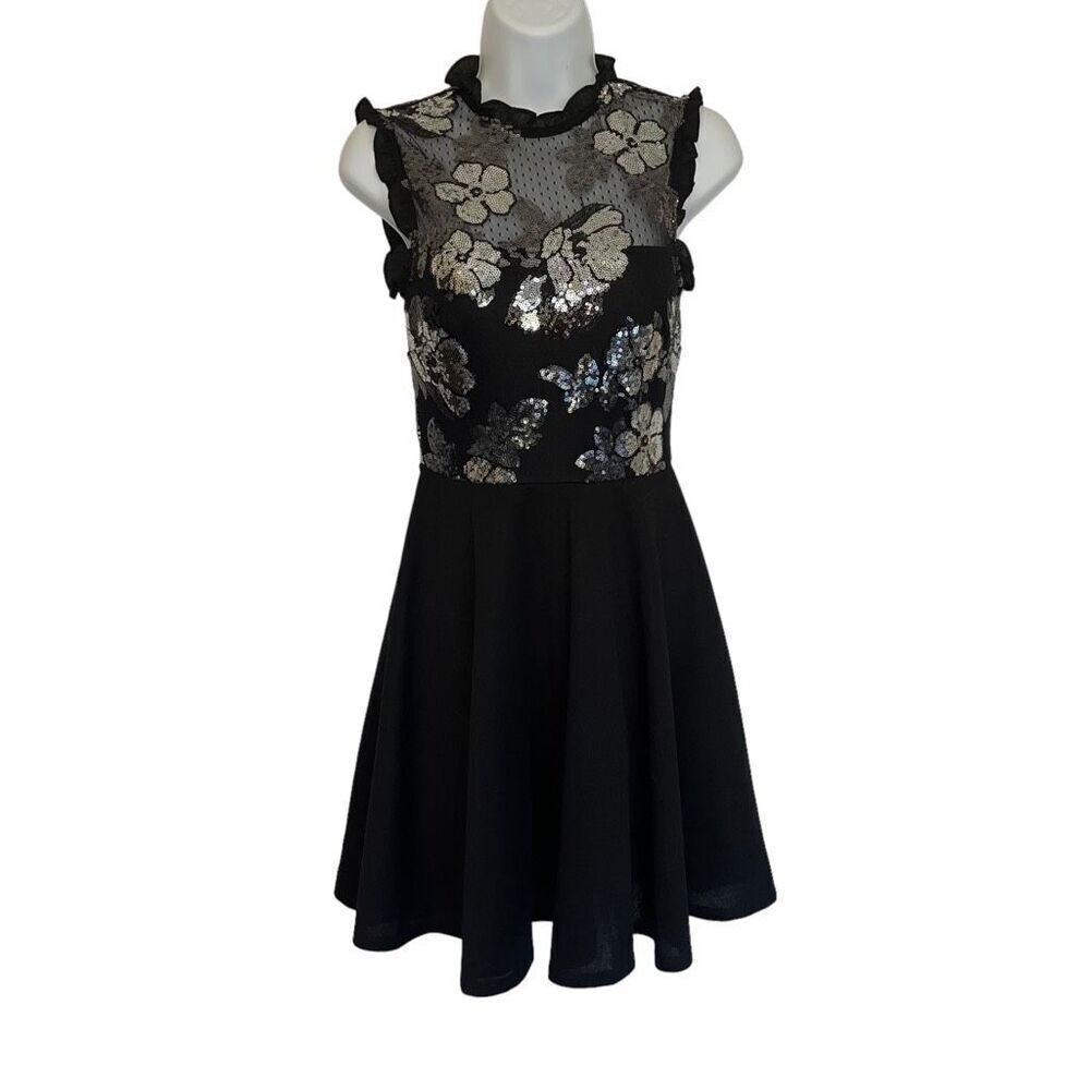 City Studio Women's Sequin Mesh Bodice Sleeveless Dress Black Silver Juniors 3